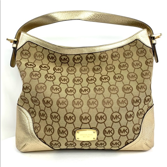 Michael Kors Millwork Tan Brown Canvas Signature Large Shoulder Bag Gold Leather - Picture 1 of 11